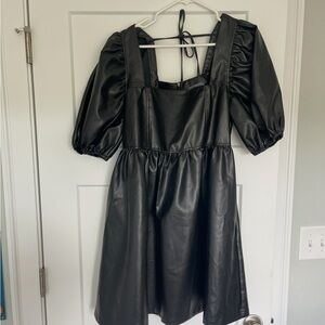 Black Faux Leather Puff Sleeve Dress